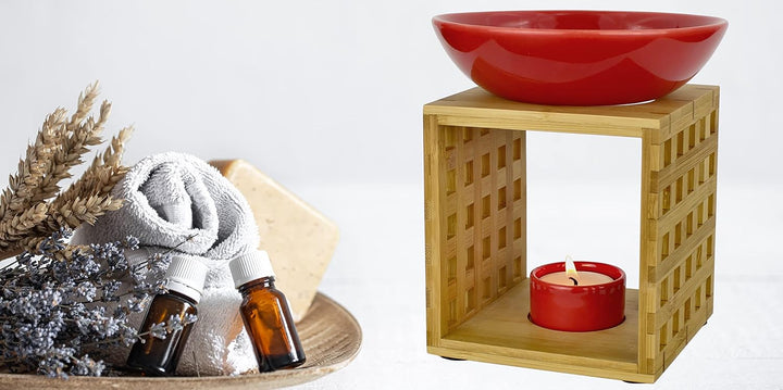Bitto Duftlampe Riga Kaminrot mit Kerze, grosse Schale, Fair Trade, Aromalampe aus Bambusholz und Ke