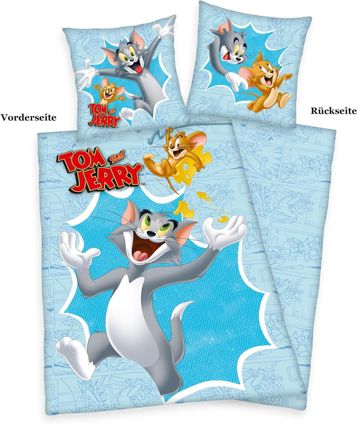 Herding Bettwäsche-Set, Tom &amp; Jerry, Kopfkissenbezug 80 x 80 cm mit Knöpfen und Wende-Motiv, Bettbez