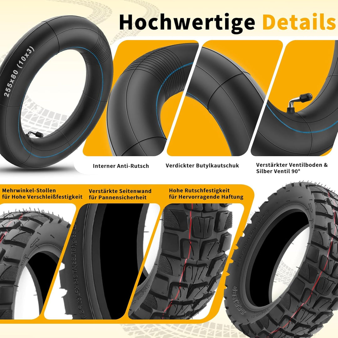 E Scooter Reifen 80/65-6 Schlauch, 255x80 Reifen Schlauch, 10x3.0 Zoll Scooter Offroad Ersatzreifen