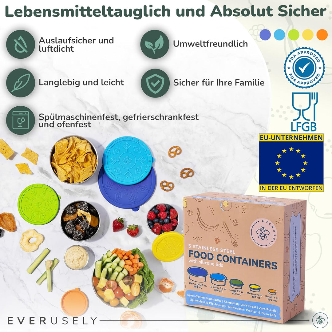 Everusely - Edelstahlbehälter mit Deckel - 5er-Set, Sommerkollektion - Auslaufsichere Edelstahl-Lebe