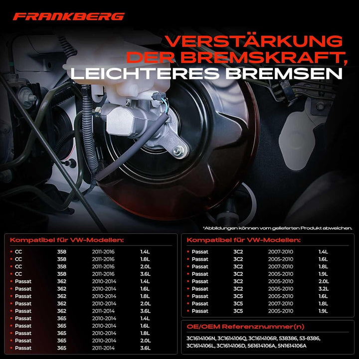 Frankberg Bremskraftverstärker Pneumatisch Kompatibel mit CC 358 2011-2016 P.a.s.s.a.t 3C2 A32 A33 3