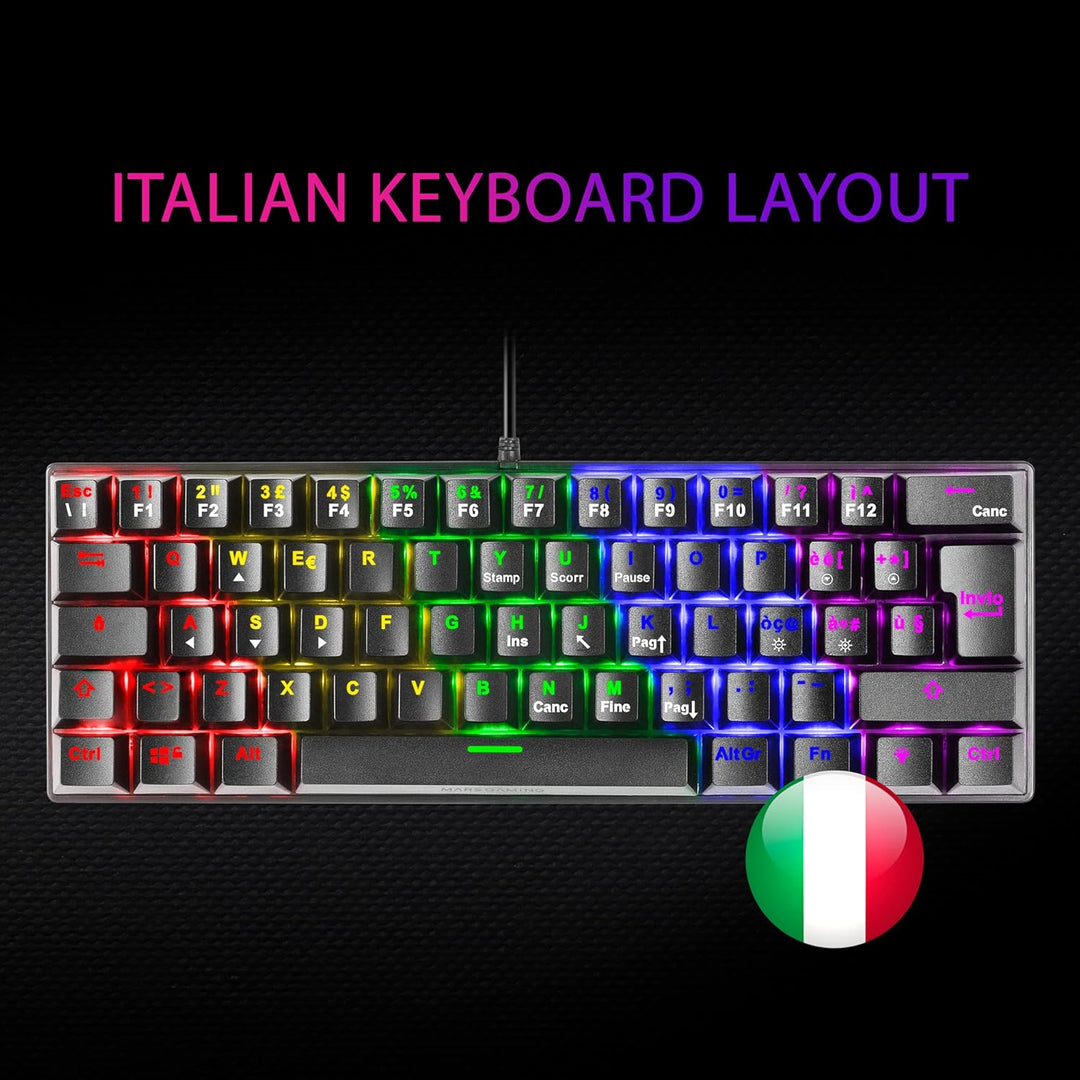 Mars Gaming MK60 Schwarz, Italienisch Sprache, Mechanische Gaming Tastatur FRGB, Antighosting, Switc