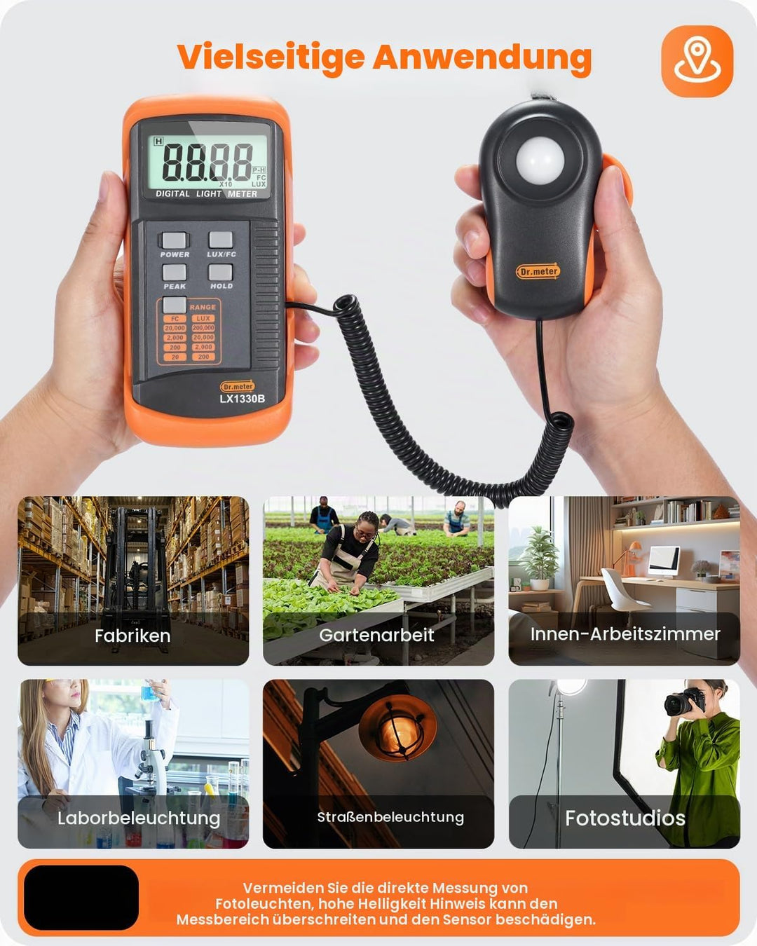 Dr.meter LX1330B Digital Luxmeter, 0-200.000 Messbereich Luxmeter mit 360° Drehbarem Sensor Beleucht