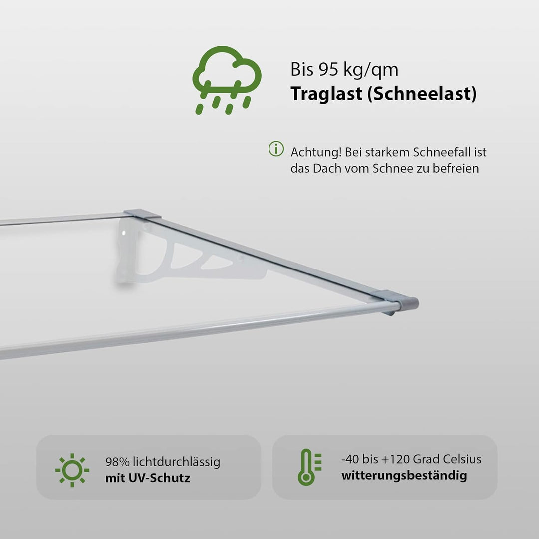 TrutzHolm® Aluminium Vordach Haustürvordach Pultvordach 150 x 90 cm Schneelast 95kg | Polycarbonatpl