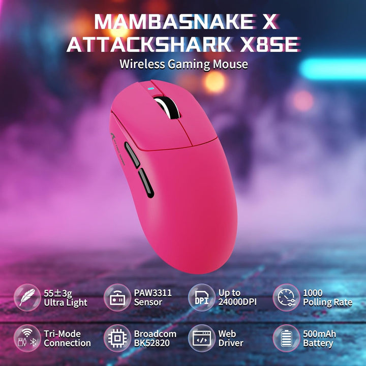MAMBASNAKE X Attack Shark X8SE 55g ultraleichte kabellose Gaming Maus–bis zu 25000 DPI,PAW3311-Senso