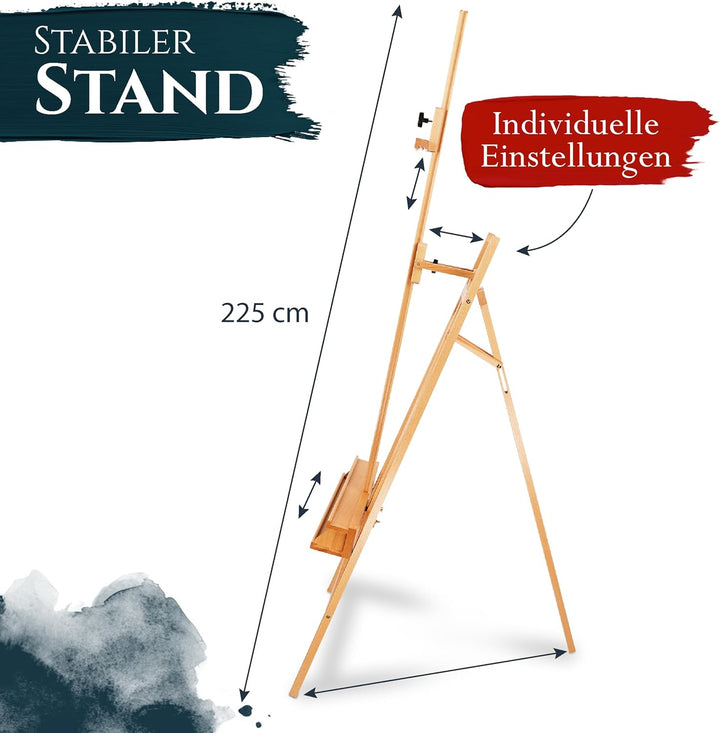 Artina Atelierstaffelei 66x225 cm Barcelona - flexibel verstellbare Dreibein Staffelei aus Buchenhol