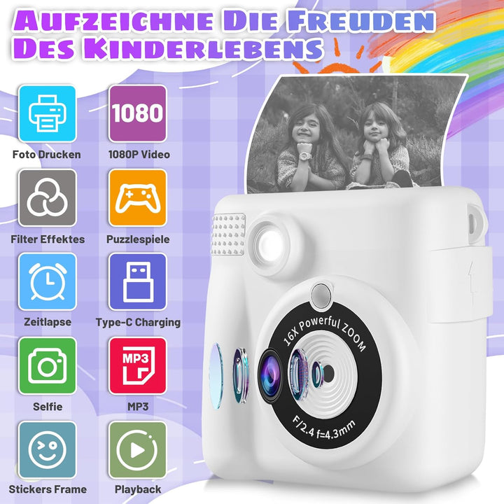 Kinderkamera Sofortbildkamera, 2.4'' Bildschirm 24MP-1080P Sofortbildkamera Kinder mit 16x Digitalzo