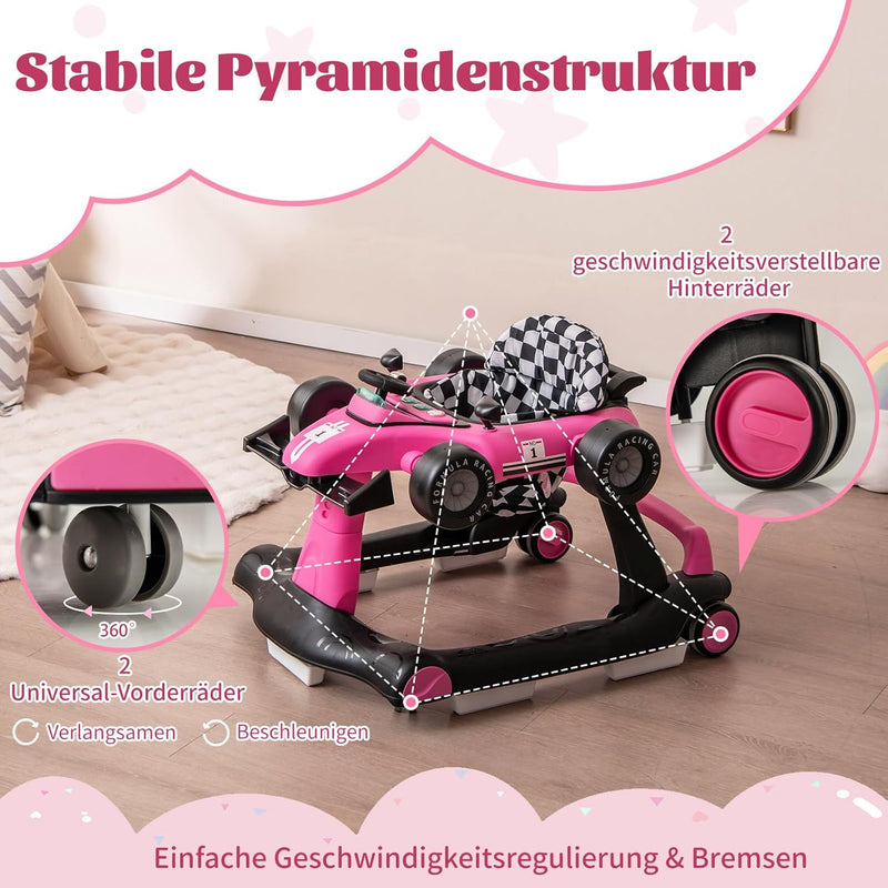 DREAMADE Lauflernhilfe, 4 in 1 Autoförmiger Lauflernwagen mit einstellbarer Geschwindigkeit, Musik &