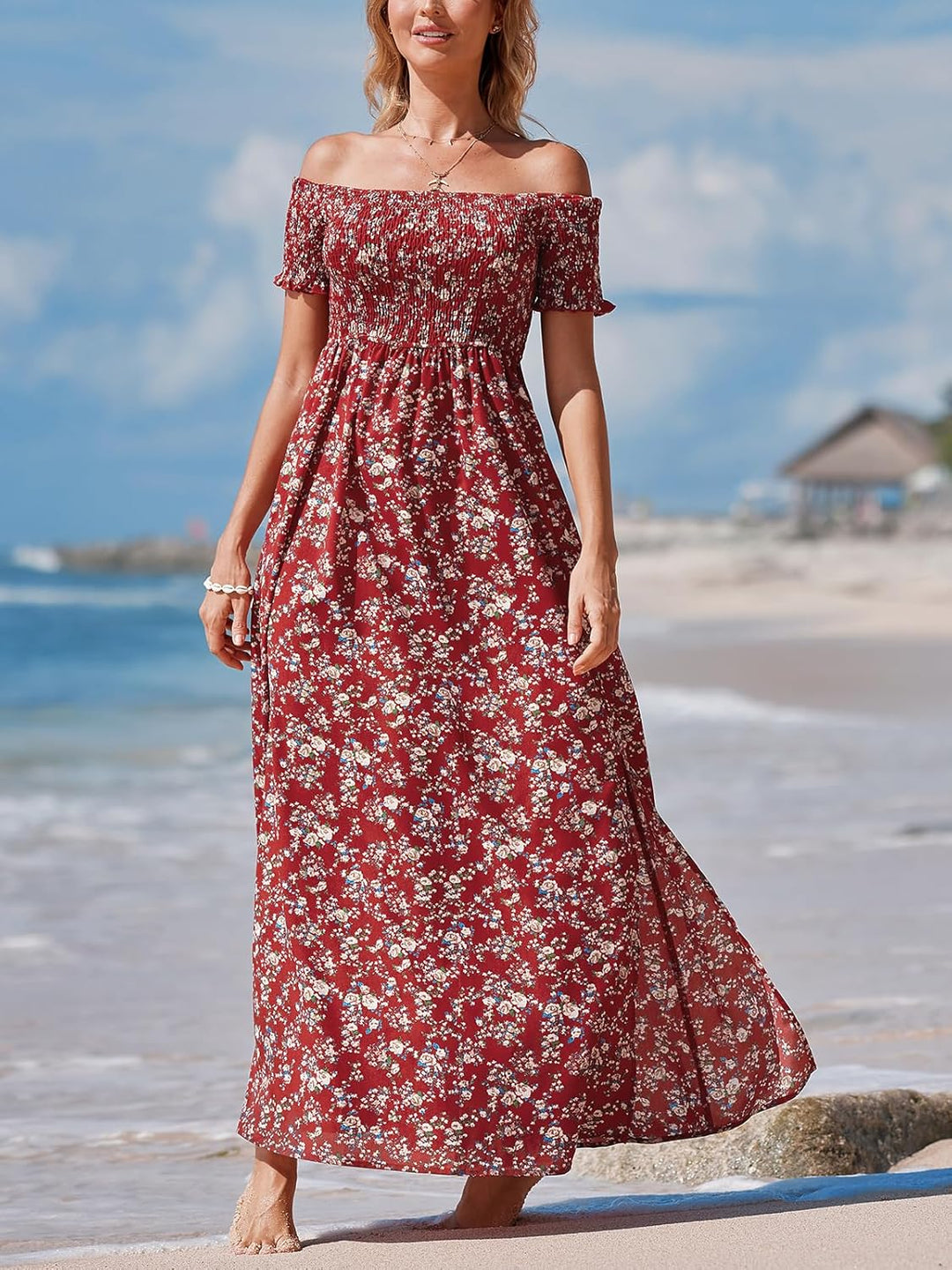 CUPSHE Damen Sommerkleid Schulterfreies Kleid Kurzarm Beinschlitz Blumenmuster Gesmokte Freizeitklei