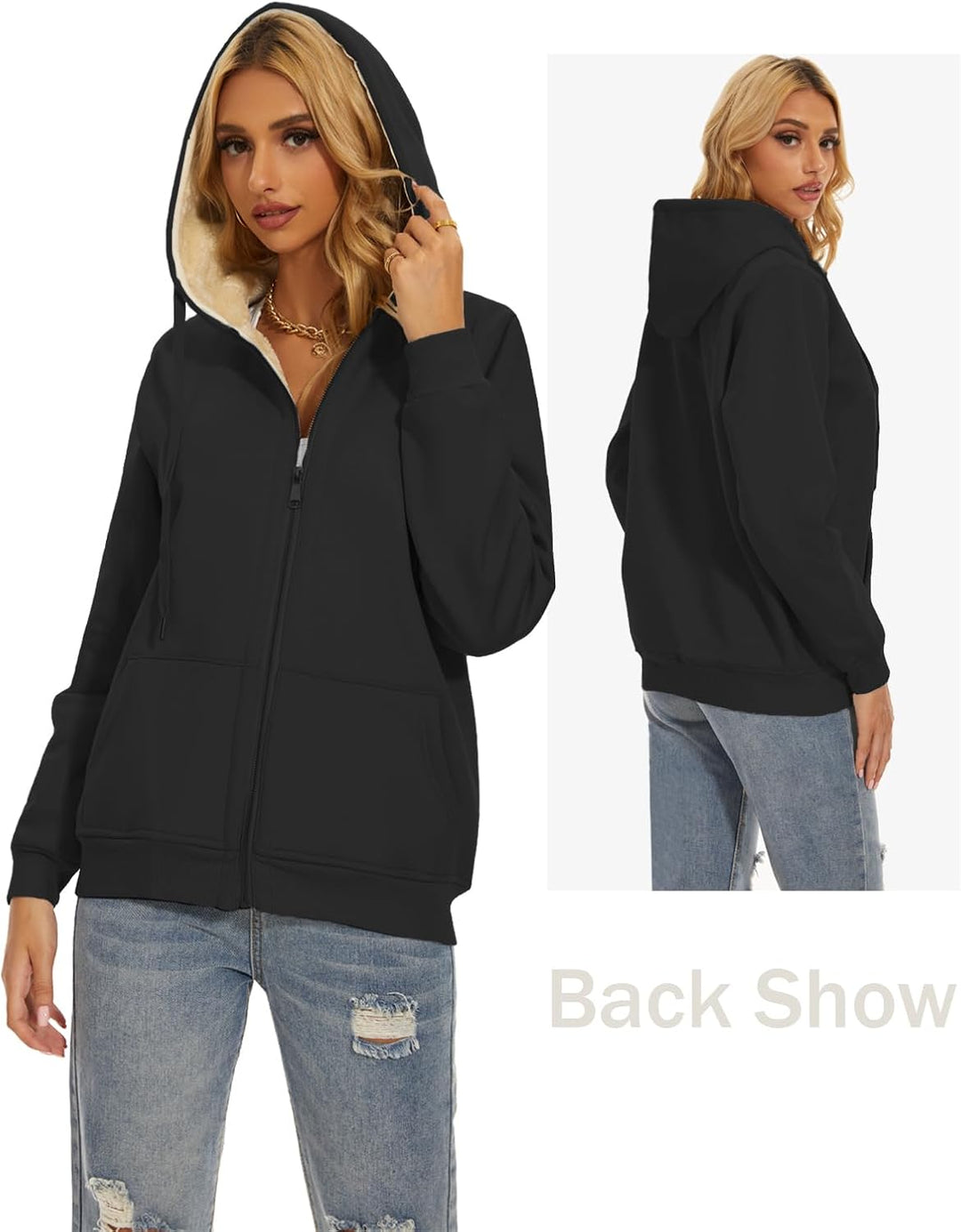 MOVE BEYOND Sweatjacke Damen mit Kapuze Zipper Hoodie Fleecejacke Gefüttert Warme Winterjacke mit Re