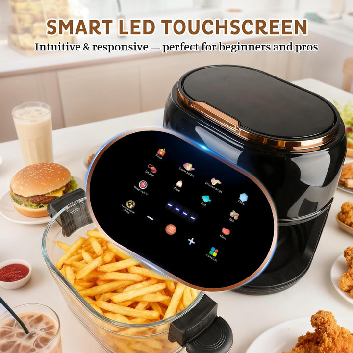 Heissluftfritteuse 5L Airfryer, 9-in-1 mit Glas-Korb & LED-Touchscreen, 24h Timer, Sichtfenster, ges