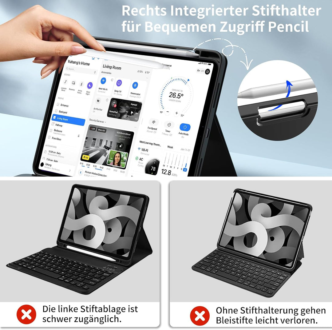 Tastatur mit Hülle für iPad 11./10. Generation 2025 2022, Schwarz, Schwarz