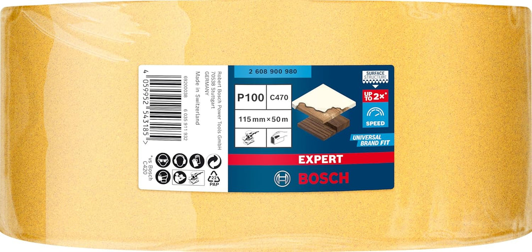 Bosch 1x EXPERT C470 Schleifpapierrolle (für Farbe auf Holz, Hartholz, 115 mm x 50 m, Körnung 100, P