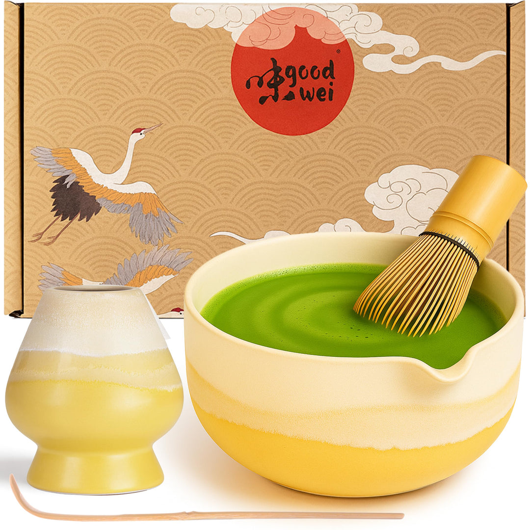 Goodwei Matcha Latte Set aus Keramik – Matchaschale mit Ausgiesser, Matchabesen, Besenhalter & Bambu