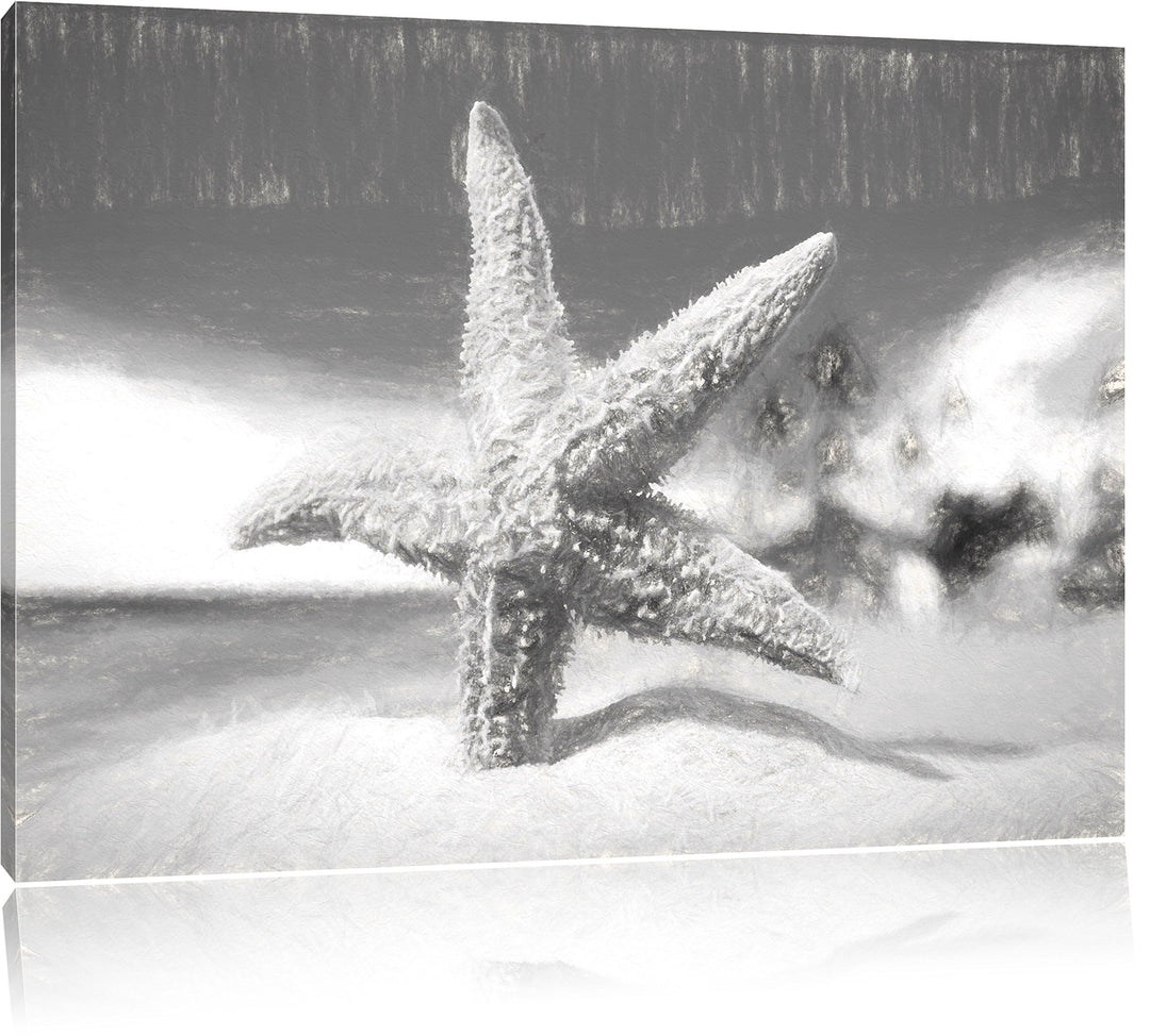 Pixxprint Seestern im Sandstrand von Palm Beach Kunst Kohle Effekt, Format: 100x70 auf Leinwand, XXL