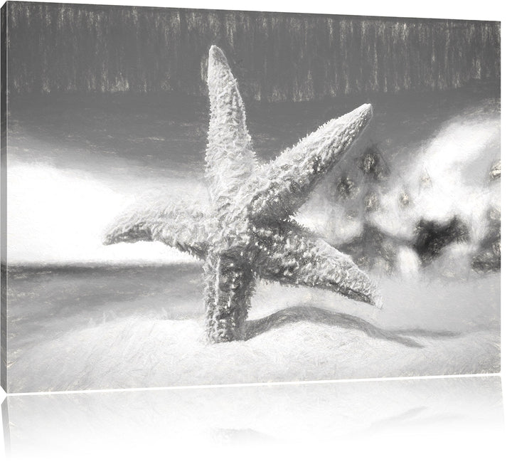 Pixxprint Seestern im Sandstrand von Palm Beach Kunst Kohle Effekt, Format: 100x70 auf Leinwand, XXL