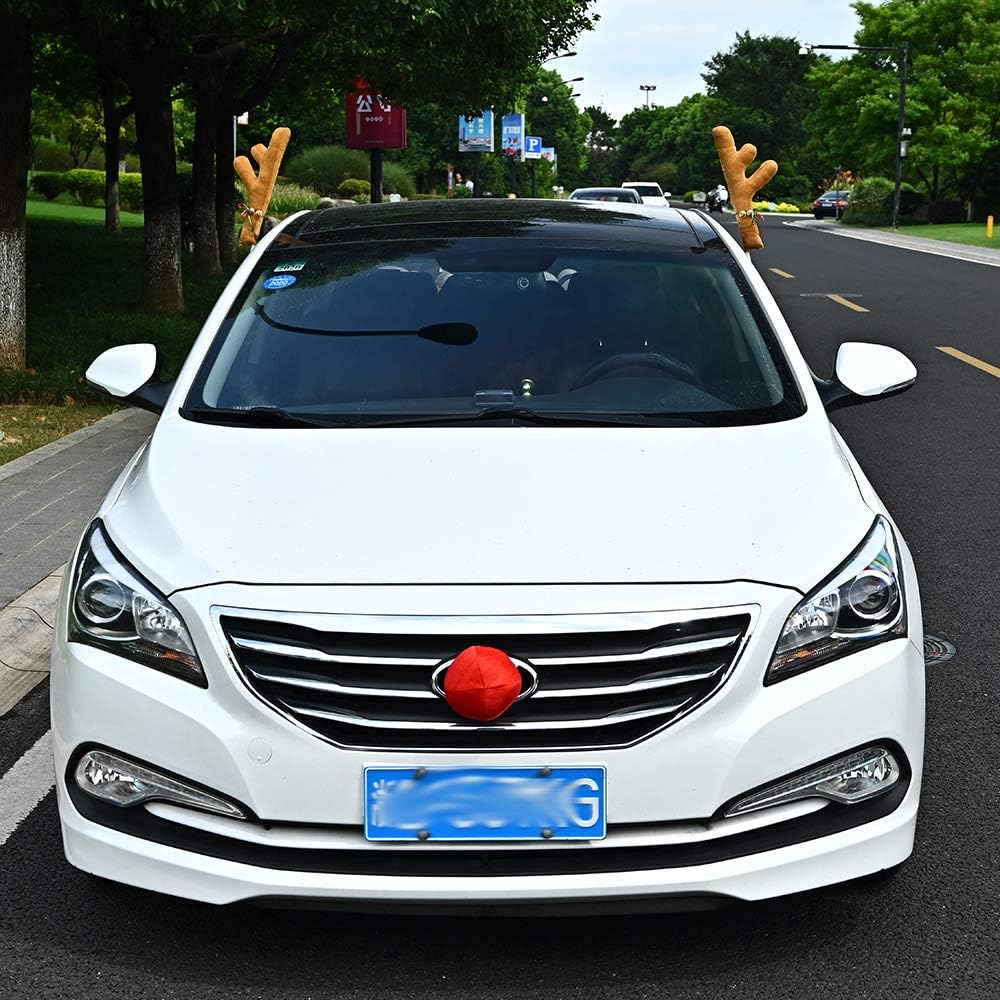 Abnaok Auto Rentier Kostüm Weihnachtsdeko, Auto Weihnachtsdeko Autokostüm Reindeer mit Rote Nase für