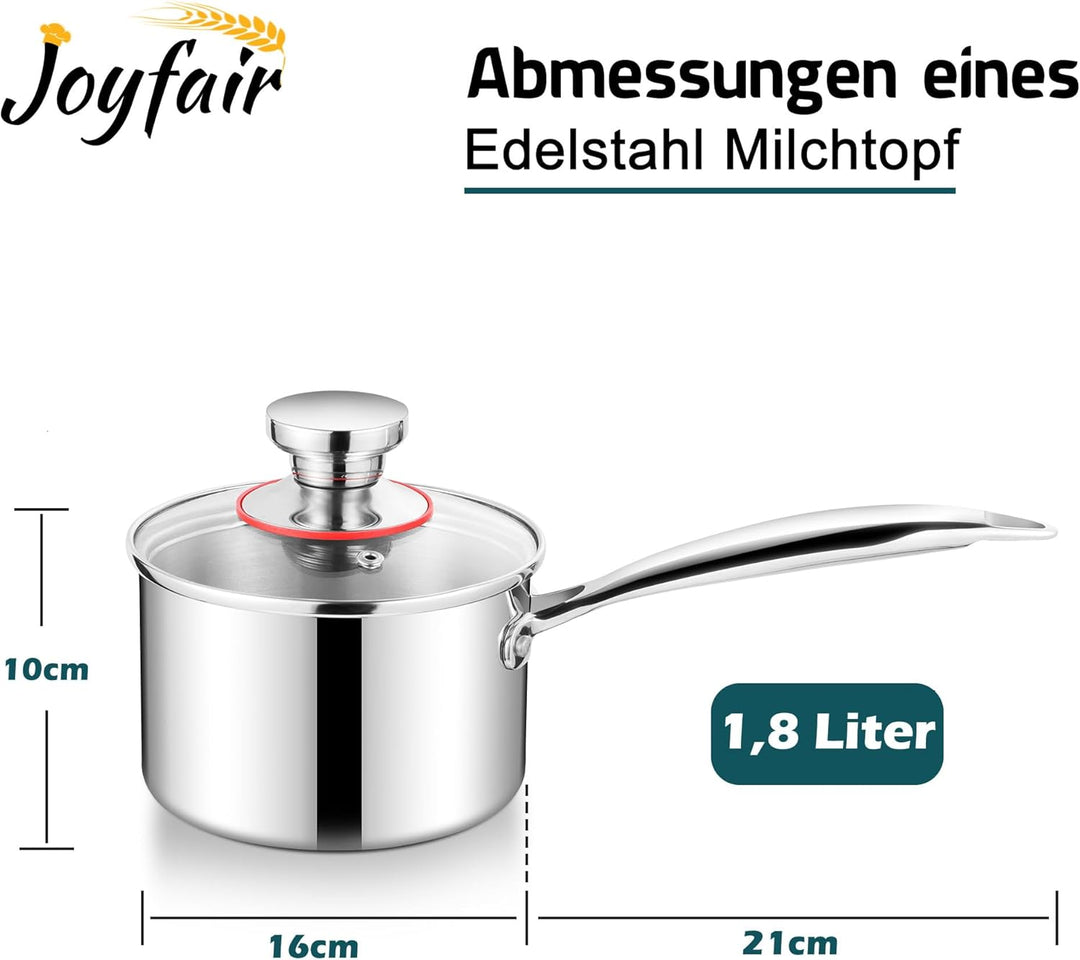 Joyfair Stielkasserolle, 16cm Premium 3-Lagen Edelstahl Milchtopf Induktion mit Deckel, 1,8 Liter Ko