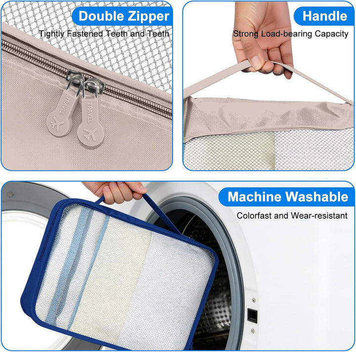 6 grosse Packing Cubes in Beige & Bottlegrün - Grösse L - Gleichgrosse Koffer Organizer L– Wasserdic