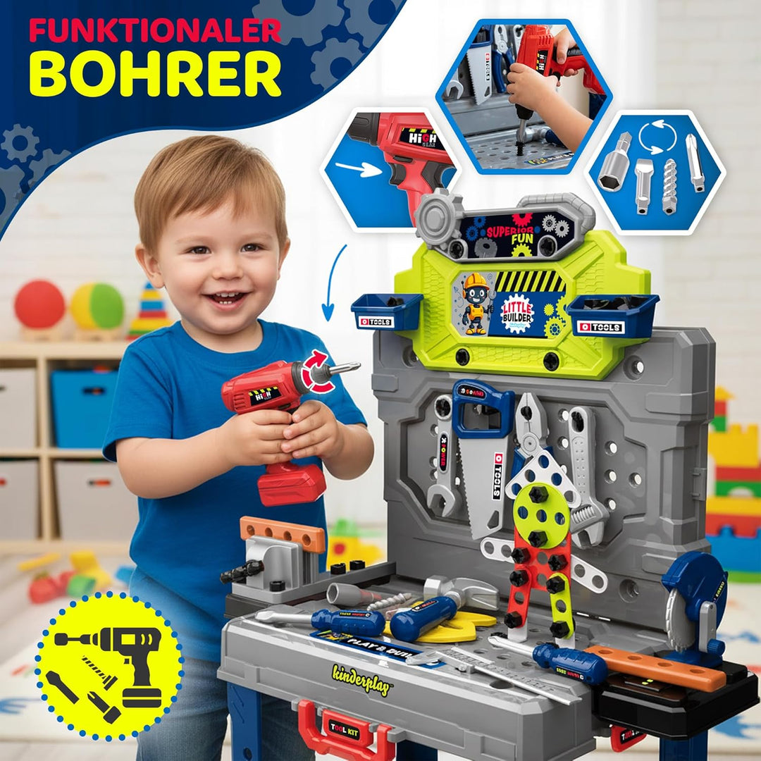 Kinderplay Kinder Werkbank 132 TLG mit Werkzeugset und Bohrmaschine, Werkstatt für Kinder ab 3 Jahre