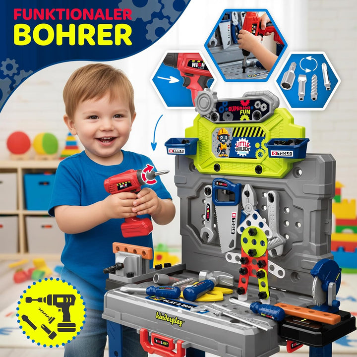 Kinderplay Kinder Werkbank 132 TLG mit Werkzeugset und Bohrmaschine, Werkstatt für Kinder ab 3 Jahre