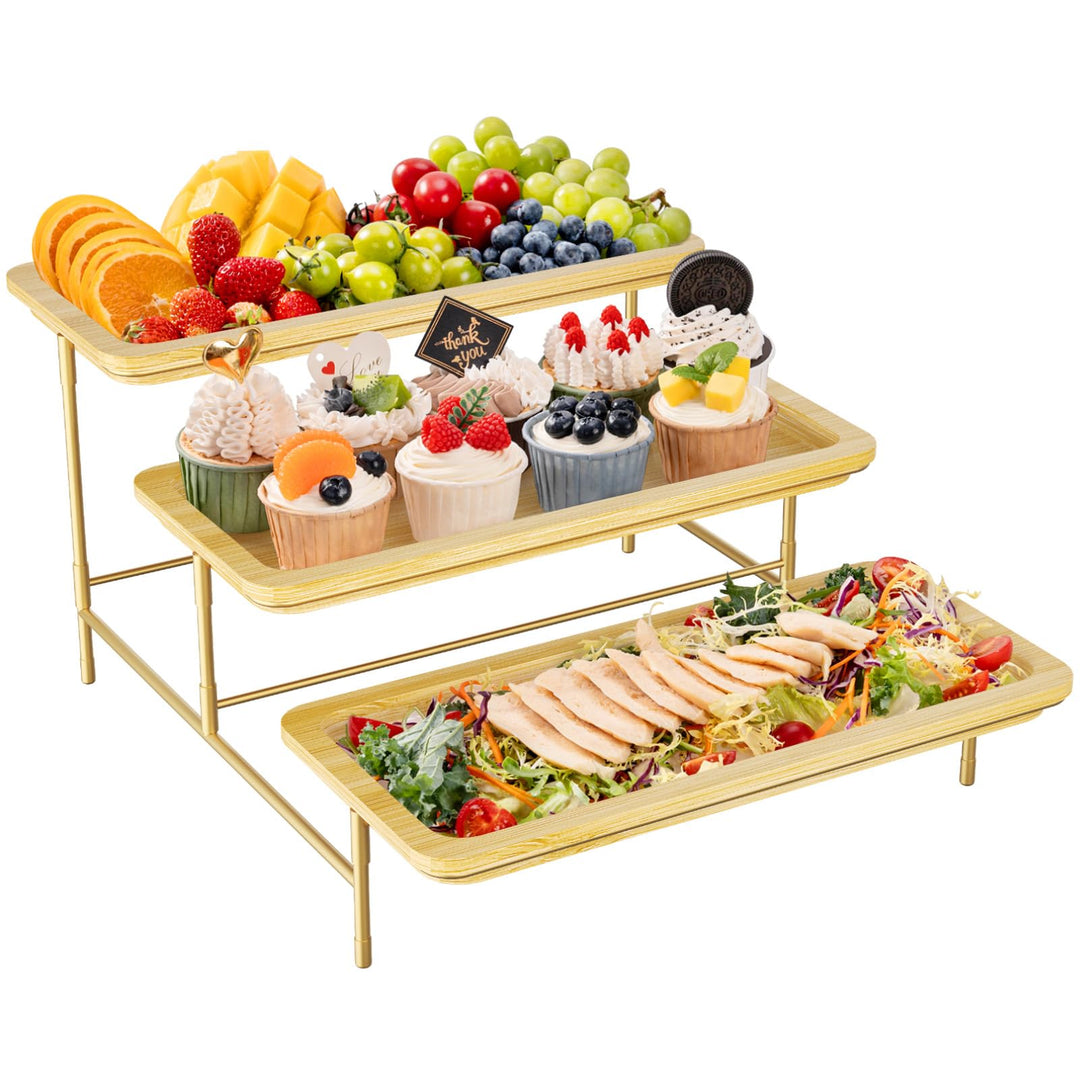 Lifewit 3 Etagen Bambus Servierplatte, 36 x 17 cm Serviertablett mit Goldener Metallständer für Part