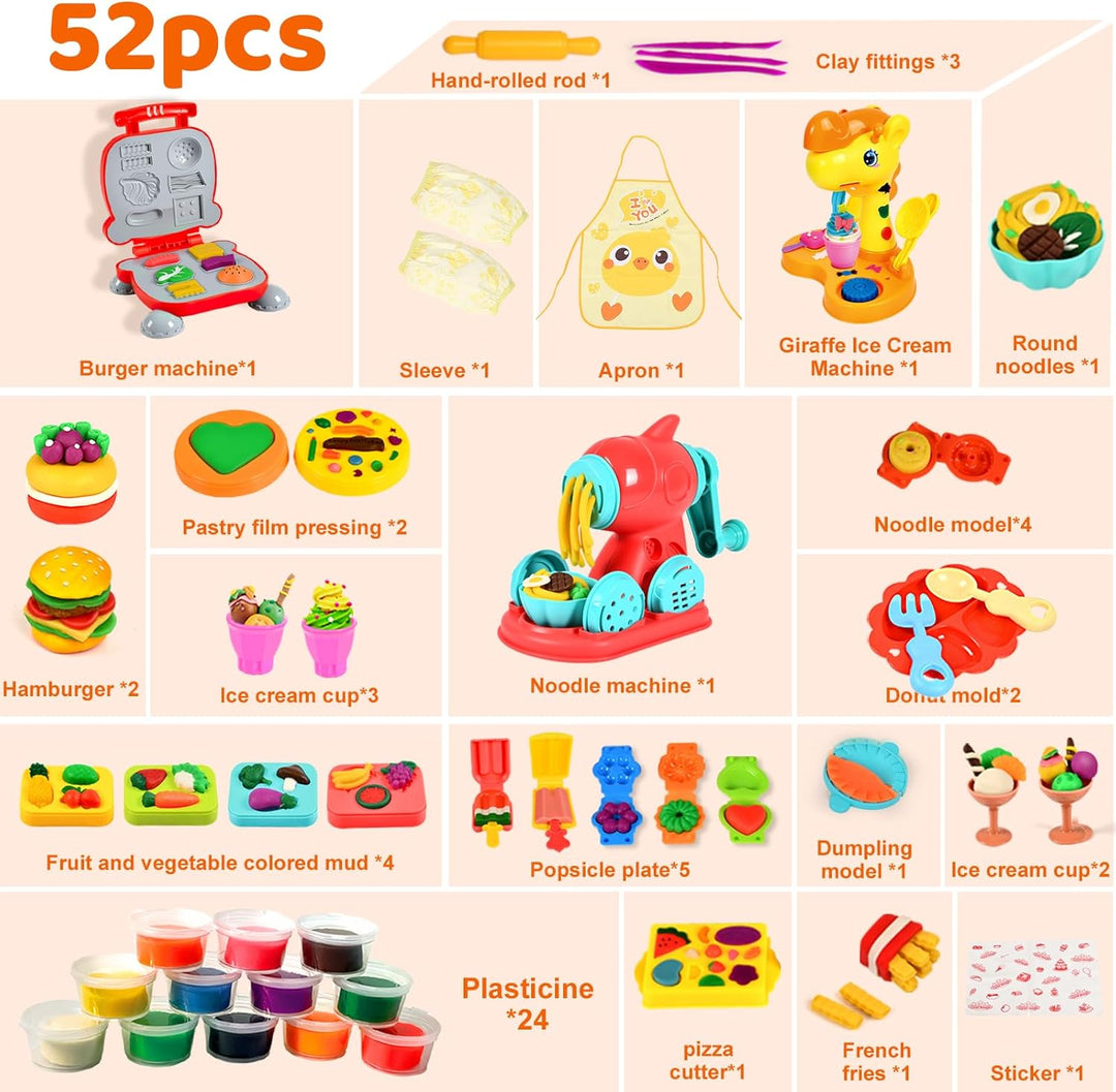 Knete Dough Set für Kinder,Knete Set für Kinder,Kitchen Creations Nudelmaschine Spielset Burger Eisc