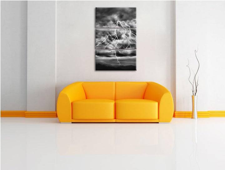 Pixxprint Monocrome, Blitze am stürmischen Himmel 3-Teiler Leinwandbild 120x80 Bild auf Leinwand