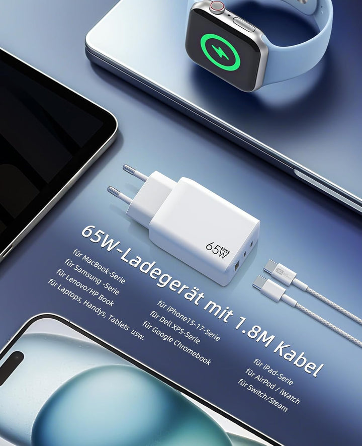 USB C Ladegerät 65W 3-Port,USB-C Netzteil Charger PPS 60W Schnellladegerät PD Ladestecker, kompatibe