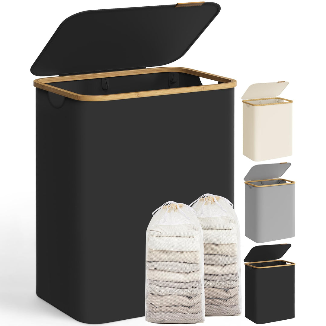 SONGMICS Wäschekorb mit Deckel, Wäschesammler mit 2 Fächern, 130 L, herausnehmbarer Wäschesack, Oxfo