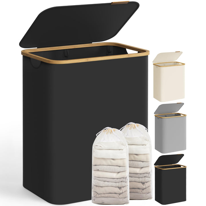 SONGMICS Wäschekorb mit Deckel, Wäschesammler mit 2 Fächern, 130 L, herausnehmbarer Wäschesack, Oxfo