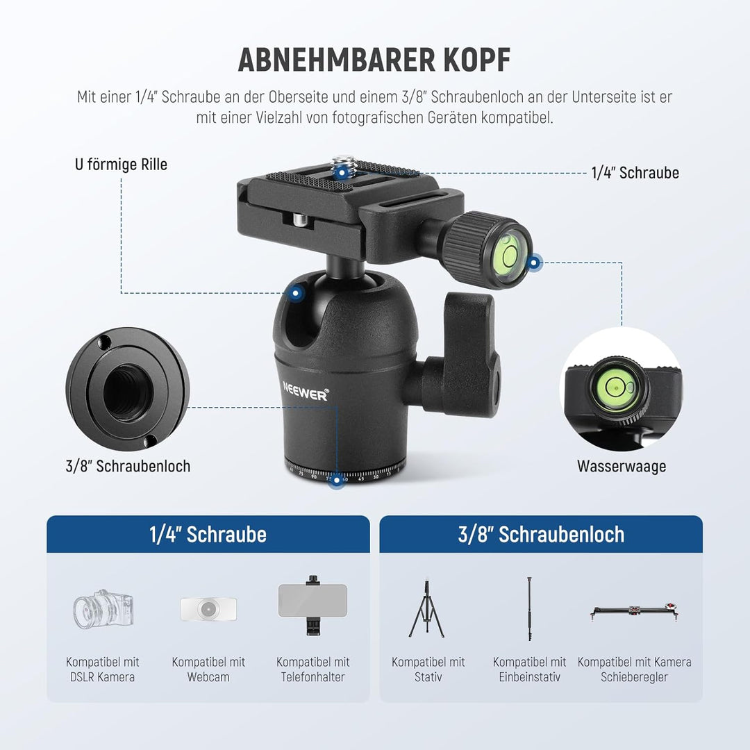 NEEWER TP09 Carbon Fiber Mini Stativ, 20“ Tischstativ mit 360° Kugelkopf, Telefonhalter, Fernbedienu