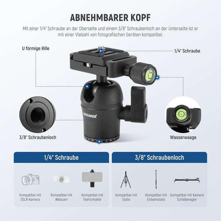NEEWER TP09 Carbon Fiber Mini Stativ, 20“ Tischstativ mit 360° Kugelkopf, Telefonhalter, Fernbedienu