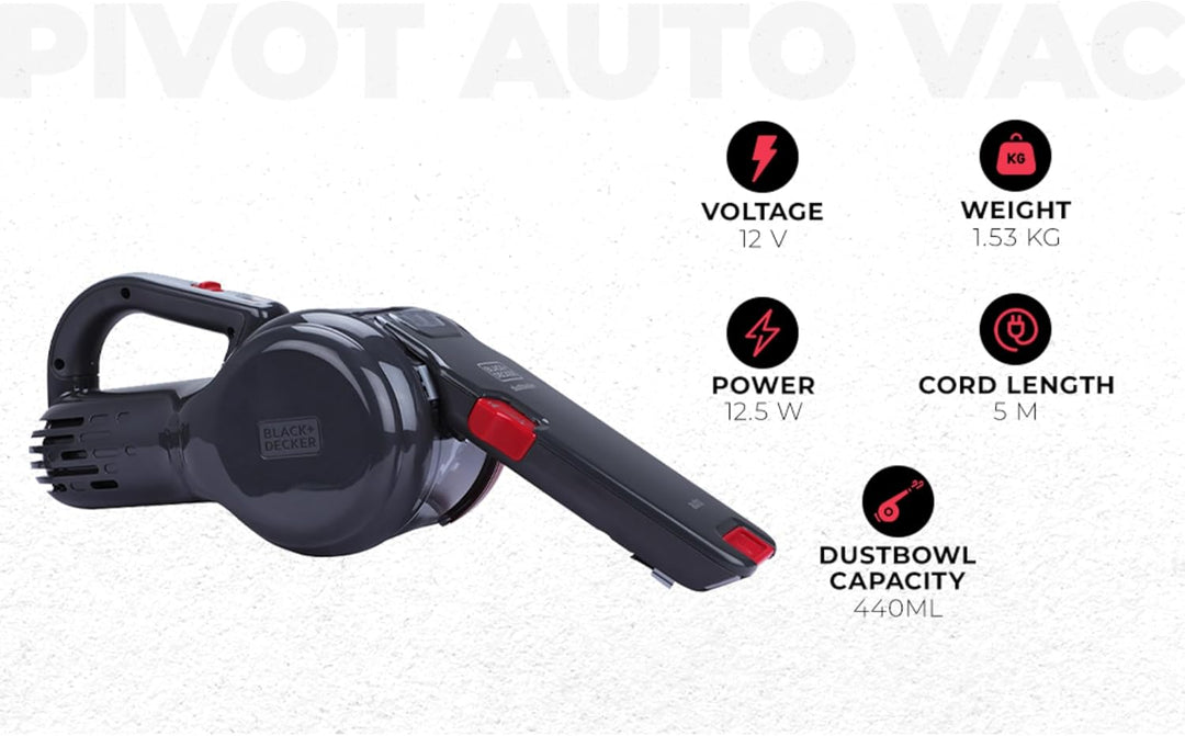 Black &amp; Decker PV1200AV-XJ Autosauger Dustbuster Pivot, Bürstenaufsatz, Fugendüse, flexiblem Saugsch
