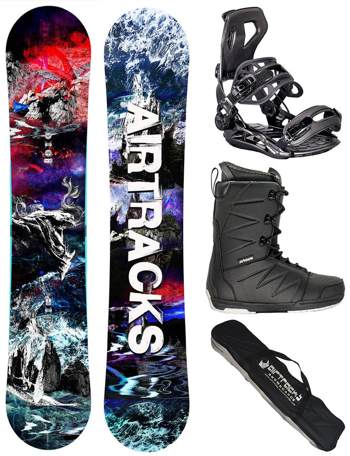 Airtracks Herren Snowboard Set - Fantasy Carbon Flat Zero Rocker Snowboard Wide + Snowboard Bindung