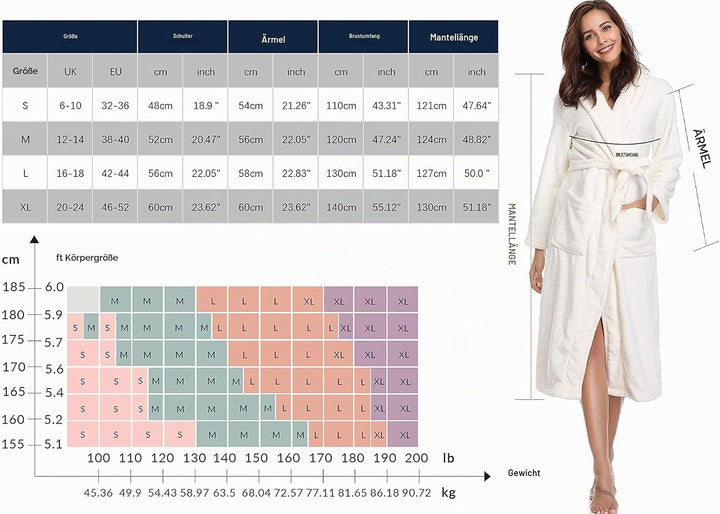 Vlazom Winter Bademantel weicher Flanell Bademantel Damen Saunamantel mit Kapuze Flauschiger Morgenm