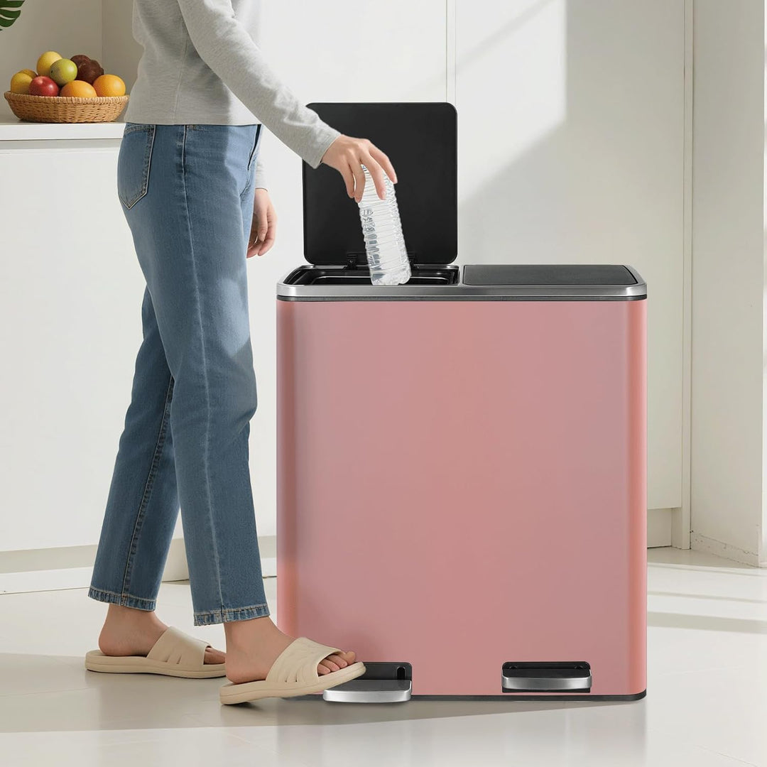 LIFERUN Mülleimer 2 Fächer, Abfalleimer Küche 60L (2x 30 Liter),mit Softclose Deckel, aus Metall,2 p