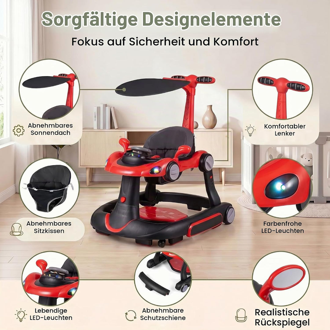 LIFEZEAL Lauflernwagen mit Sonnenschirm, 6-in-1 Lauflernhilfe Gehhilfe Baby mit Licht, Musik, Spiele