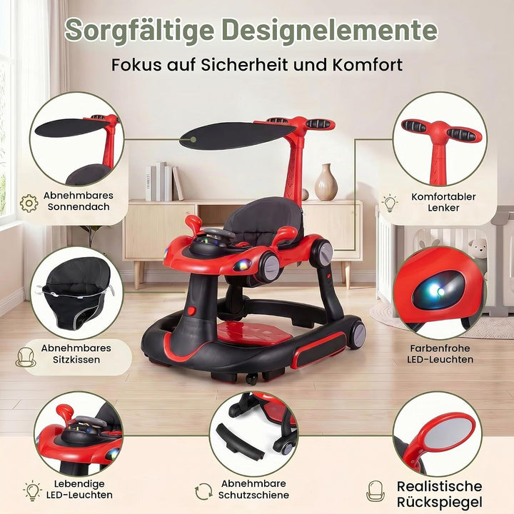 LIFEZEAL Lauflernwagen mit Sonnenschirm, 6-in-1 Lauflernhilfe Gehhilfe Baby mit Licht, Musik, Spiele