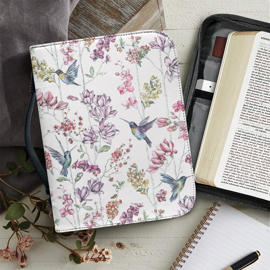Kuiaobaty Schutzhülle für Bibel mit Kolibris, Blumenmuster, mit Lesezeichen, Kunstleder, gross, Weis
