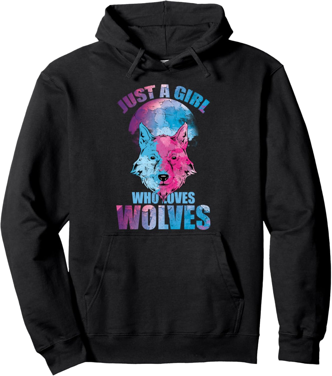 Nur ein Mädchen das Wölfe liebt Wald Tier Mond Buntes Wolf Pullover Hoodie