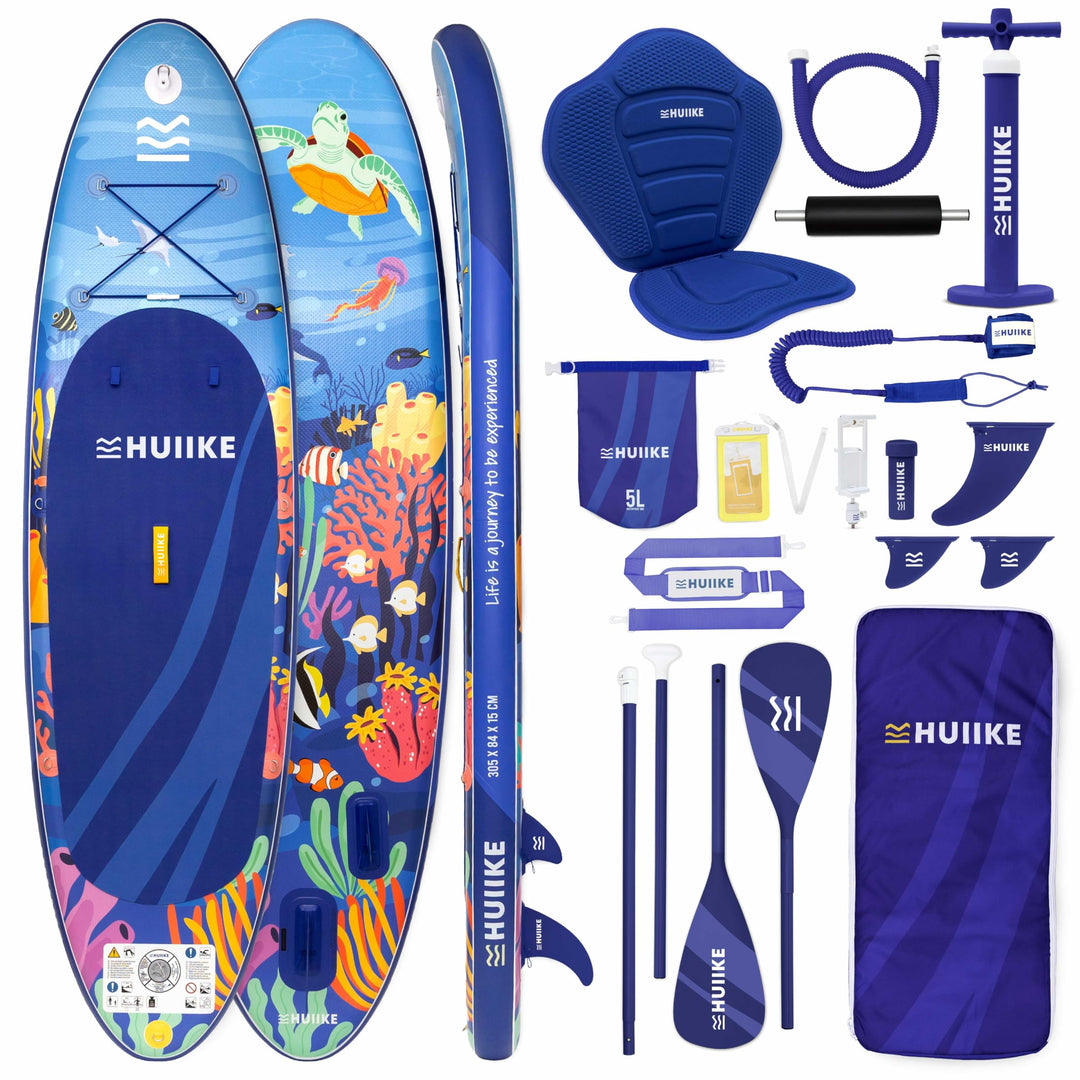 HUIIKE Stand Up Paddling Board mit Zubehör, Paddel, Finnen, Leash, Pumpe, Rucksack. SUP-Board Aufbla