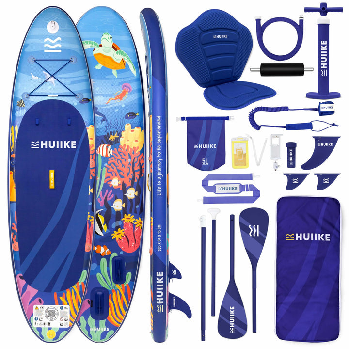 HUIIKE Stand Up Paddling Board mit Zubehör, Paddel, Finnen, Leash, Pumpe, Rucksack. SUP-Board Aufbla