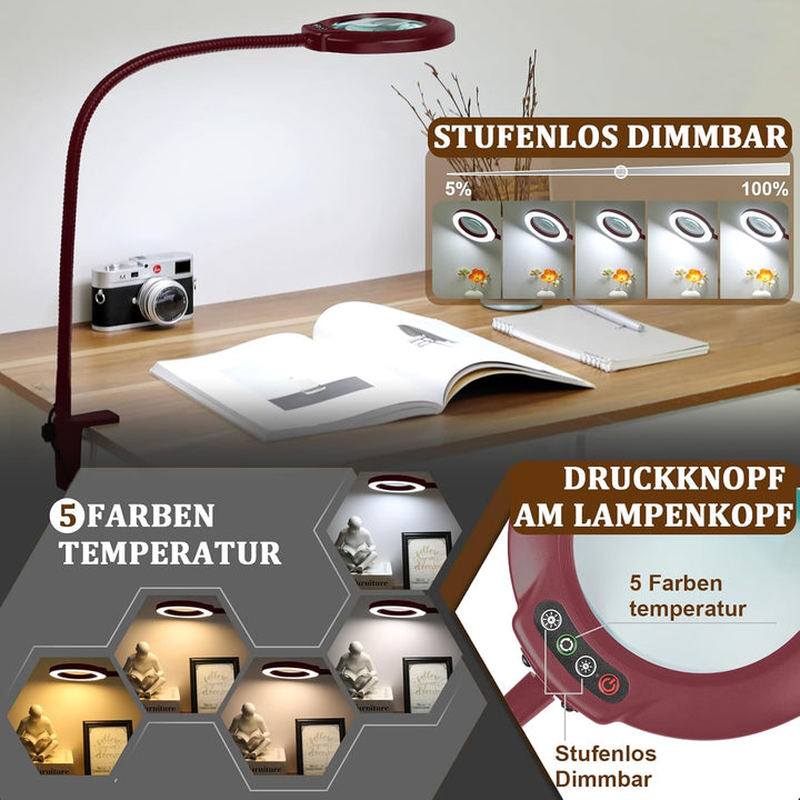 Veemagni 12X Lupe mit Licht und Klemme, Echtes Glas Lupenlampe, 5 Farbmodi Stufenlos Dimmbare, 23 Zo