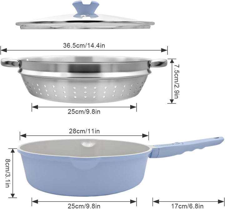 AIKENBBKK Keramik Pfanne 28 cm mit Dampfkorb, Antihaft Keramikbeschichtung Bratpfanne 28 cm mit Deck
