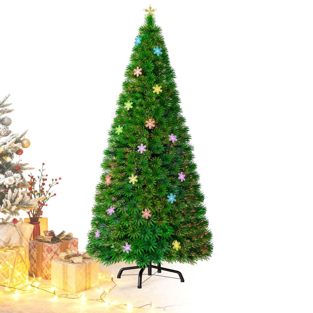 Aufun Weihnachtsbaum Künstlicher 210 cm mit LED Glasfaser und Schneeflocken Weihnachtsdeko Christbau