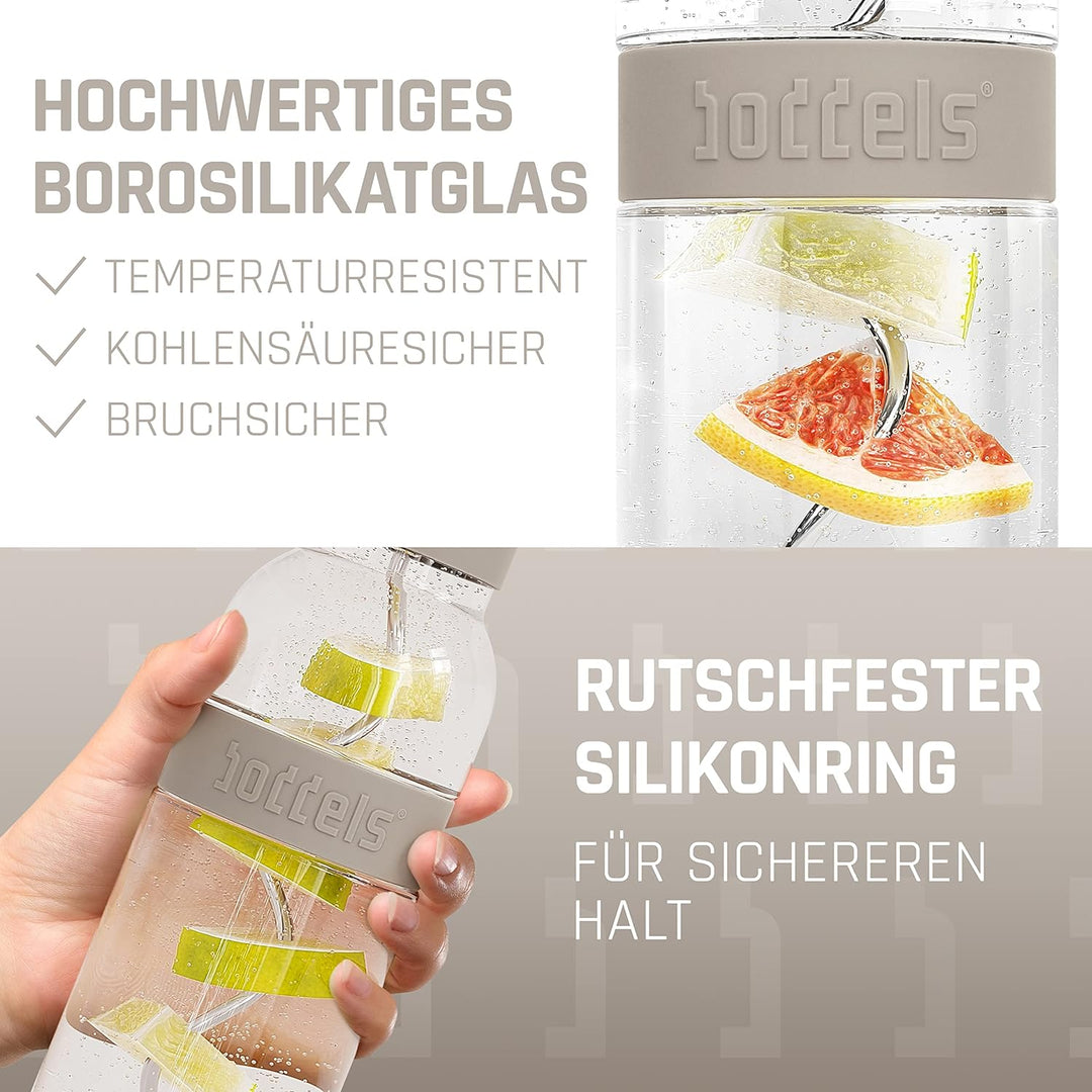 boddels Glaskaraffe mit Deckel und Sieb 1.100ml, rutschfester Griff, Glaskaraffe mit Fruchteinsatz,