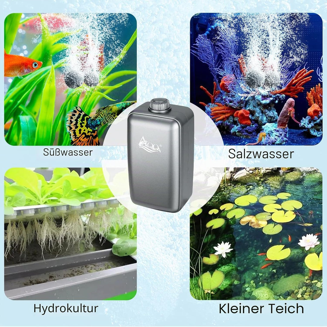 AQQA Aquarium Luftpumpe, ≤ 35dB Extrem Leise Aquarium Sauerstoffpumpe mit Allem Zubehör, für Aquarie