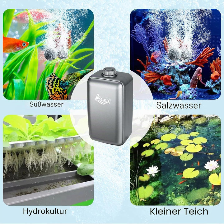 AQQA Aquarium Luftpumpe, ≤ 35dB Extrem Leise Aquarium Sauerstoffpumpe mit Allem Zubehör, für Aquarie