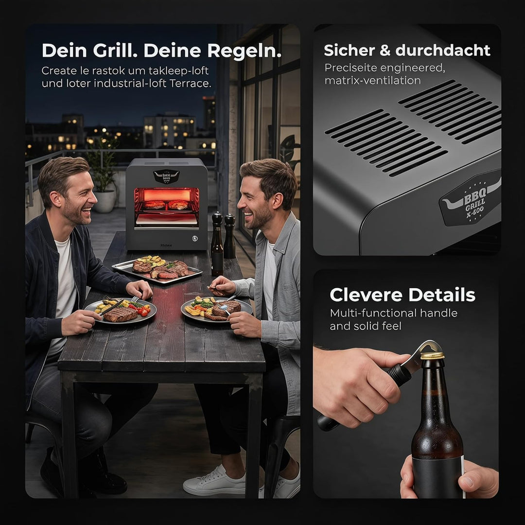 Trisa BBQ Grill X-800 Elektrogrill 2200W, 800 Grad Oberhitzegrill für Perfekte Steaks & Pizza, Indoo